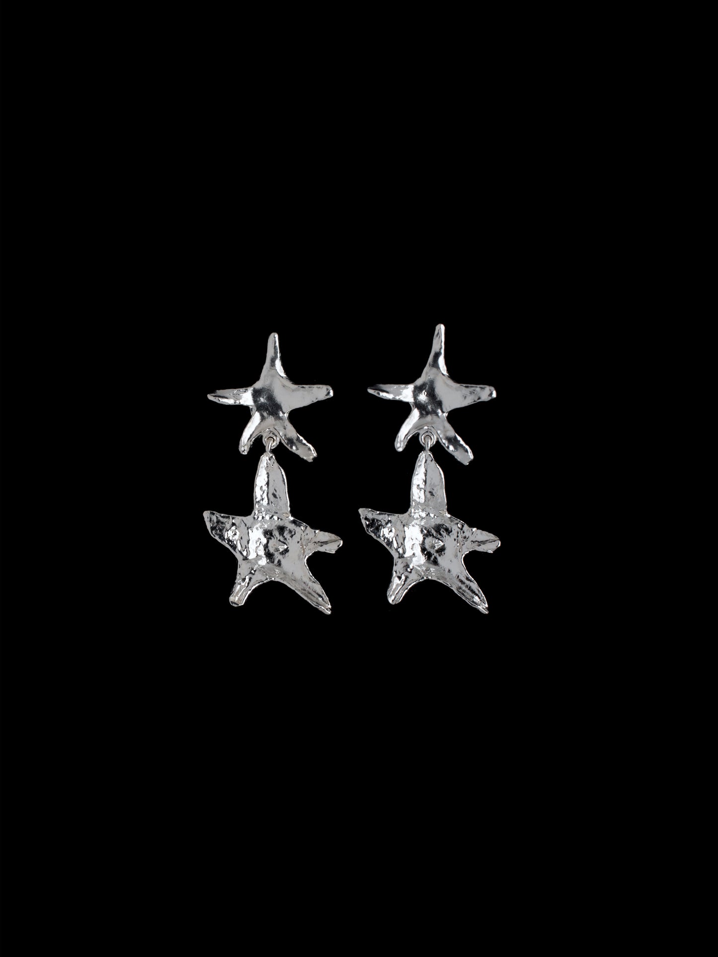 ORGANIC DOUBLE STAR-SHAPED PENDANT EARRINGS HANDMADE IN RECYCLED SILVER