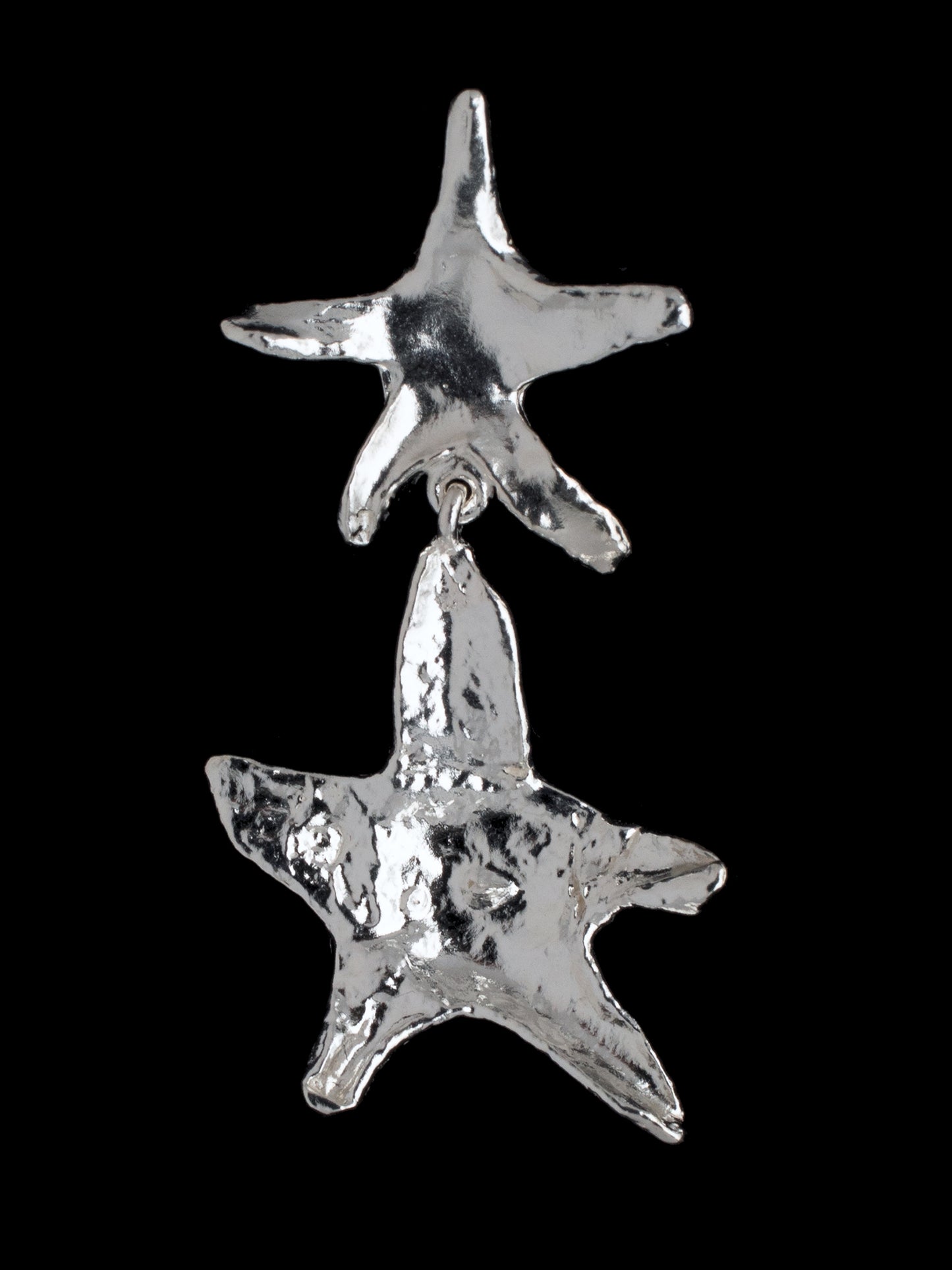 ORGANIC DOUBLE STAR-SHAPED PENDANT EARRINGS HANDMADE IN RECYCLED SILVER - CLOSEUP