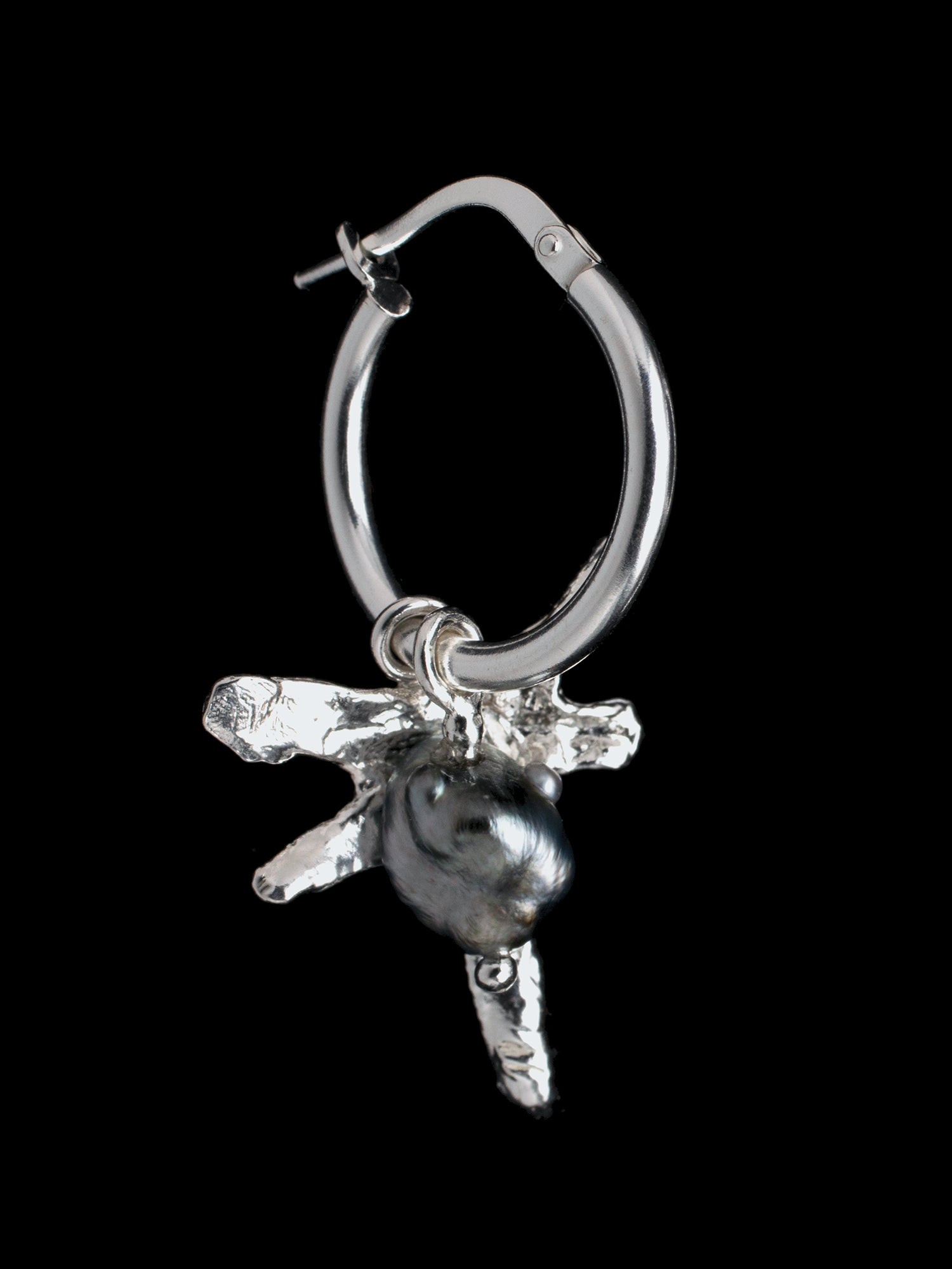 Keshi pearl and silver star pendant hoop earrings - closeup